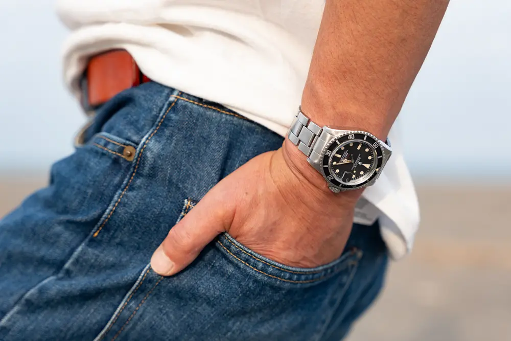 Tapered 5 Pocket Pants（Real Indigo） and Rolex Sub Mariner 1680 1972 RED